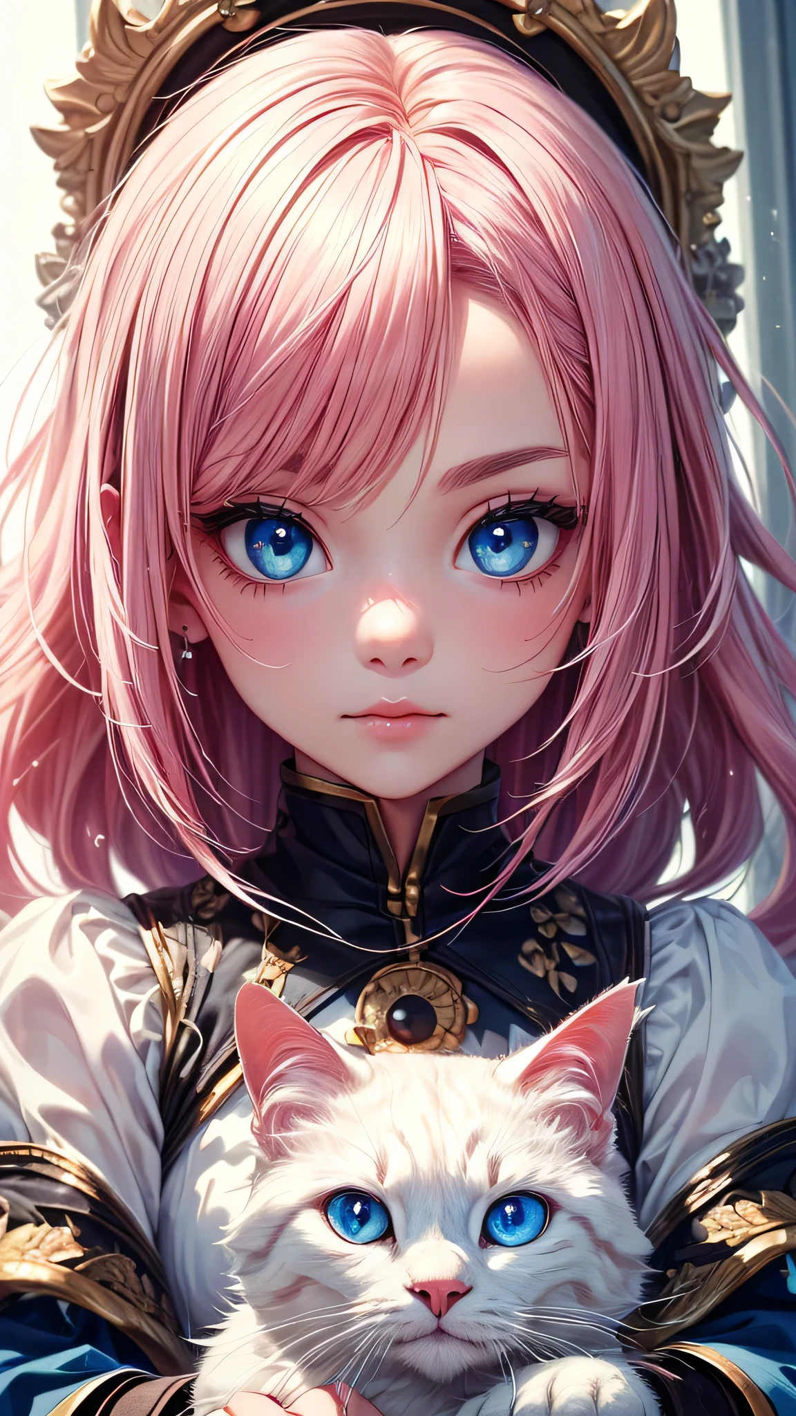 ((Highest quality, 16K, masterpiece: 1.3)), (Very delicate and beautiful face), (Beautiful eyes in every detail),,Girl with cat, White Cat, Pink Hair、blue eyes, Avatar,