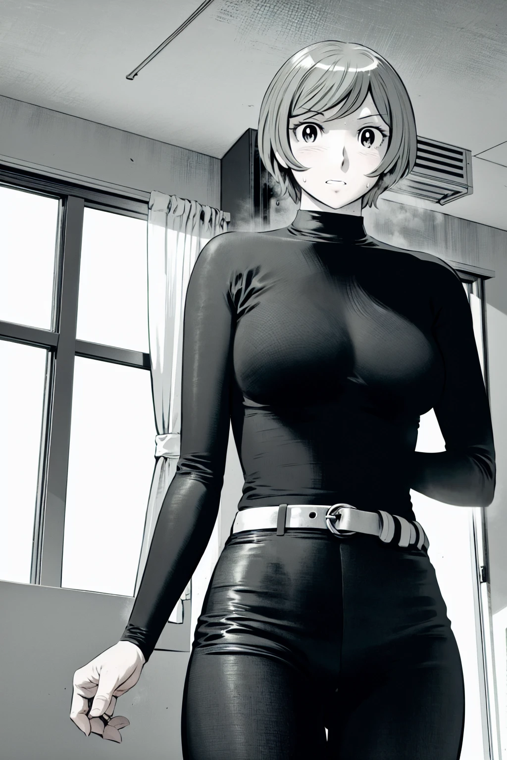 、(masterpiece、Highest quality)、Highest quality, Ultra-high resolution, (((masterpiece))), alone, Sweat、Big eyes,Tight black shirt、Tight white pants、belt、indoor、Composition from the front、（Cut the back hair short、short hair、blonde、woman）、Shortcuts、Embarrassed face、Cut your hair short、可愛いwomanの子、Big Breasts、office