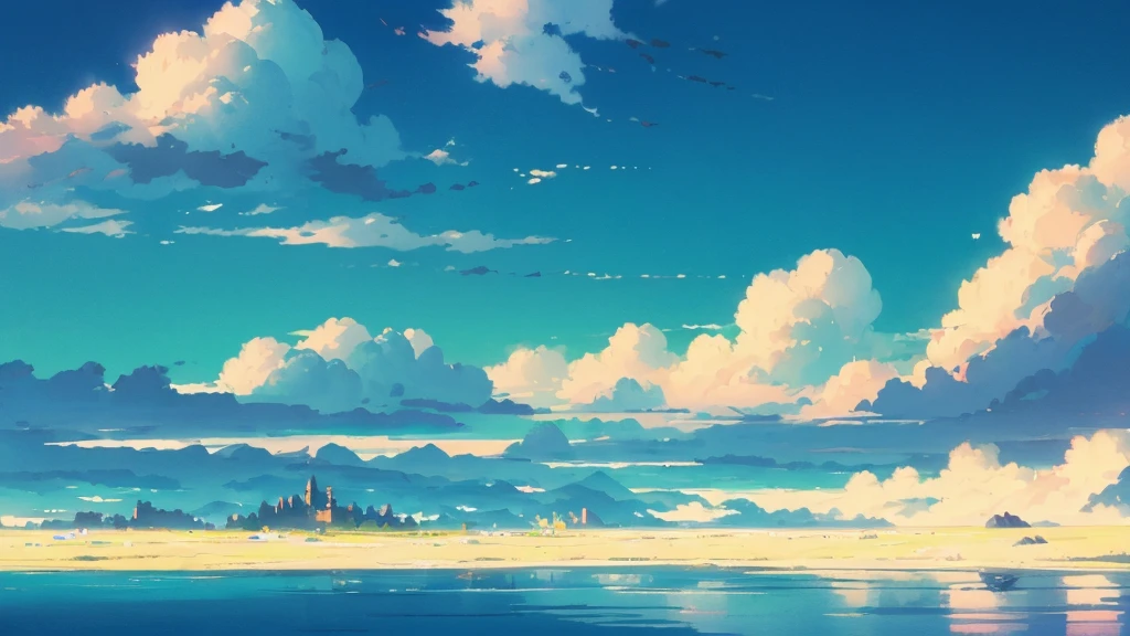 Majestic island with castle, floating on the beautiful blue sea, kingdom of white buildings, , hovering above the fluffy clouds, (shot from below:1.4), basking in the warm rays of the sun, emitting bright colors, masterpiece, big kingdom, Port city