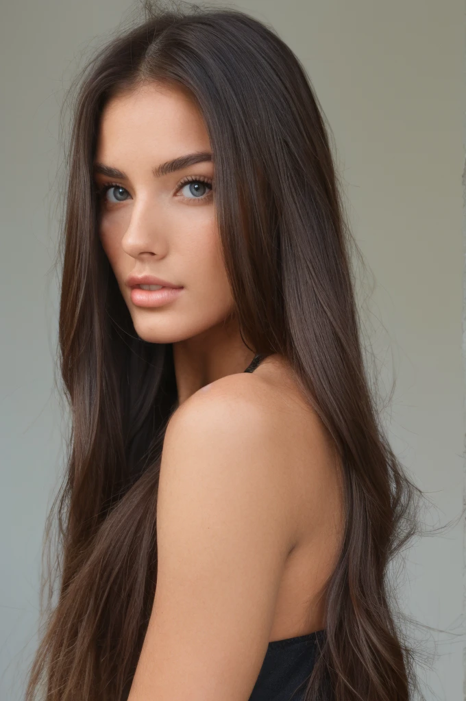 Female model 20 years old, long hair. brunette. Model appearance. Thin, sophisticated. Simple Lunchtime Natural Makeup. Lips are full and seductive.Upper body part photo.
