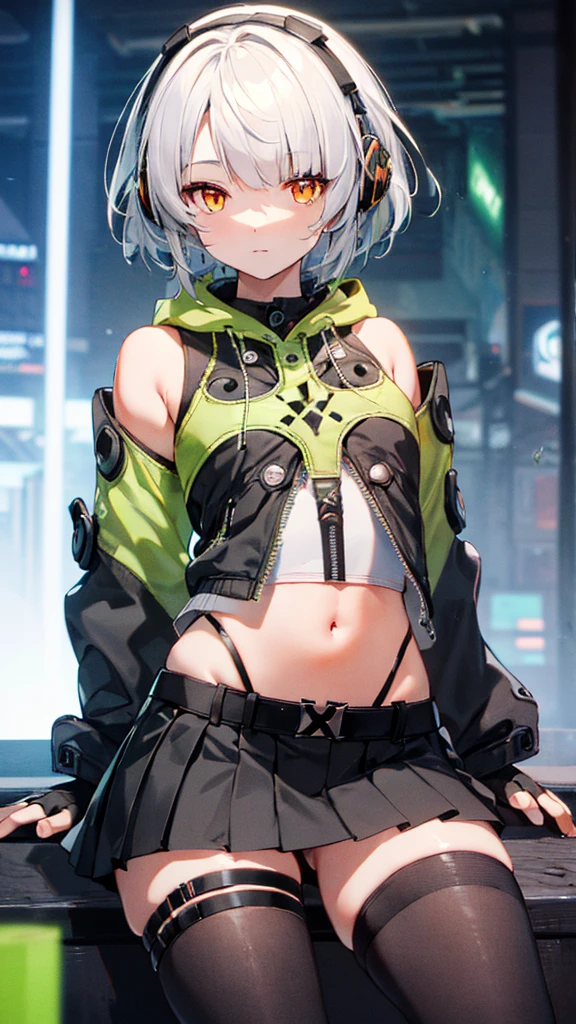 anby demara, (orange eyes:1.5), short hair, white hair,(upper body),
bare shoulders, black gloves, black skirt, black thighhighs, fingerless gloves, gloves, green jacket, headphones, jacket, navel, skirt, stomach, thighhighs,black panty,panty shot,sitting,masterpiece,Noise Reduction,perfect anatomy,high resolution, ultra-detailed,game cg,dutch angle ,beautiful detailed eyes,visualart,five fingers, perfect hands, perfect lighting,