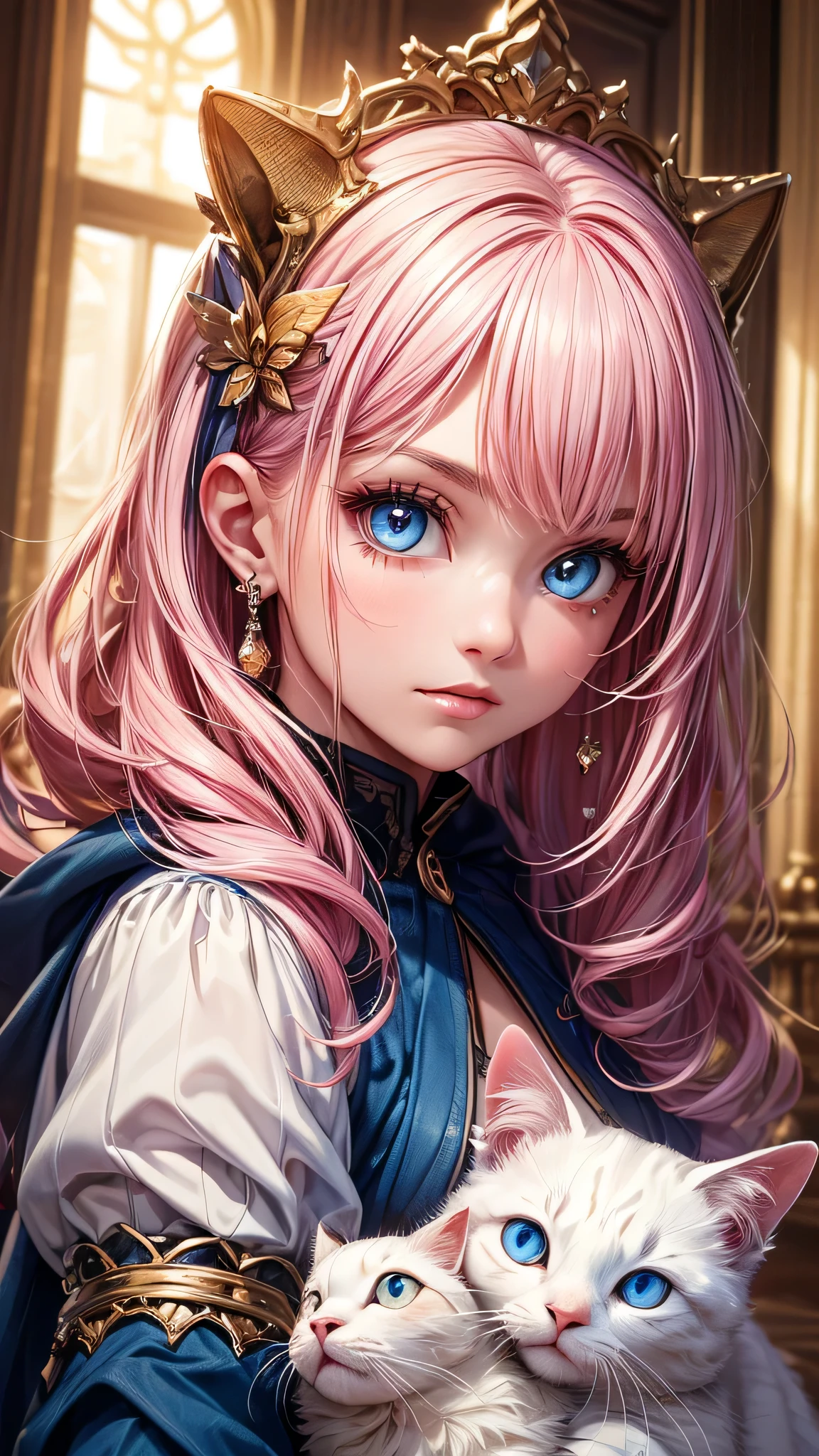 ((Highest quality, 16K, masterpiece: 1.3)), (Very delicate and beautiful face), (Beautiful eyes in every detail),,Girl with cat, White Cat, Pink Hair、blue eyes, Avatar,