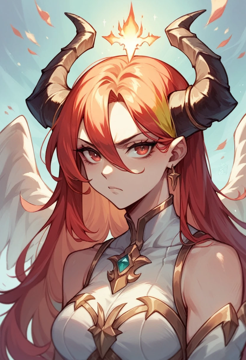 angel woman,fire color hair,serious look,horn on head,Eyes red