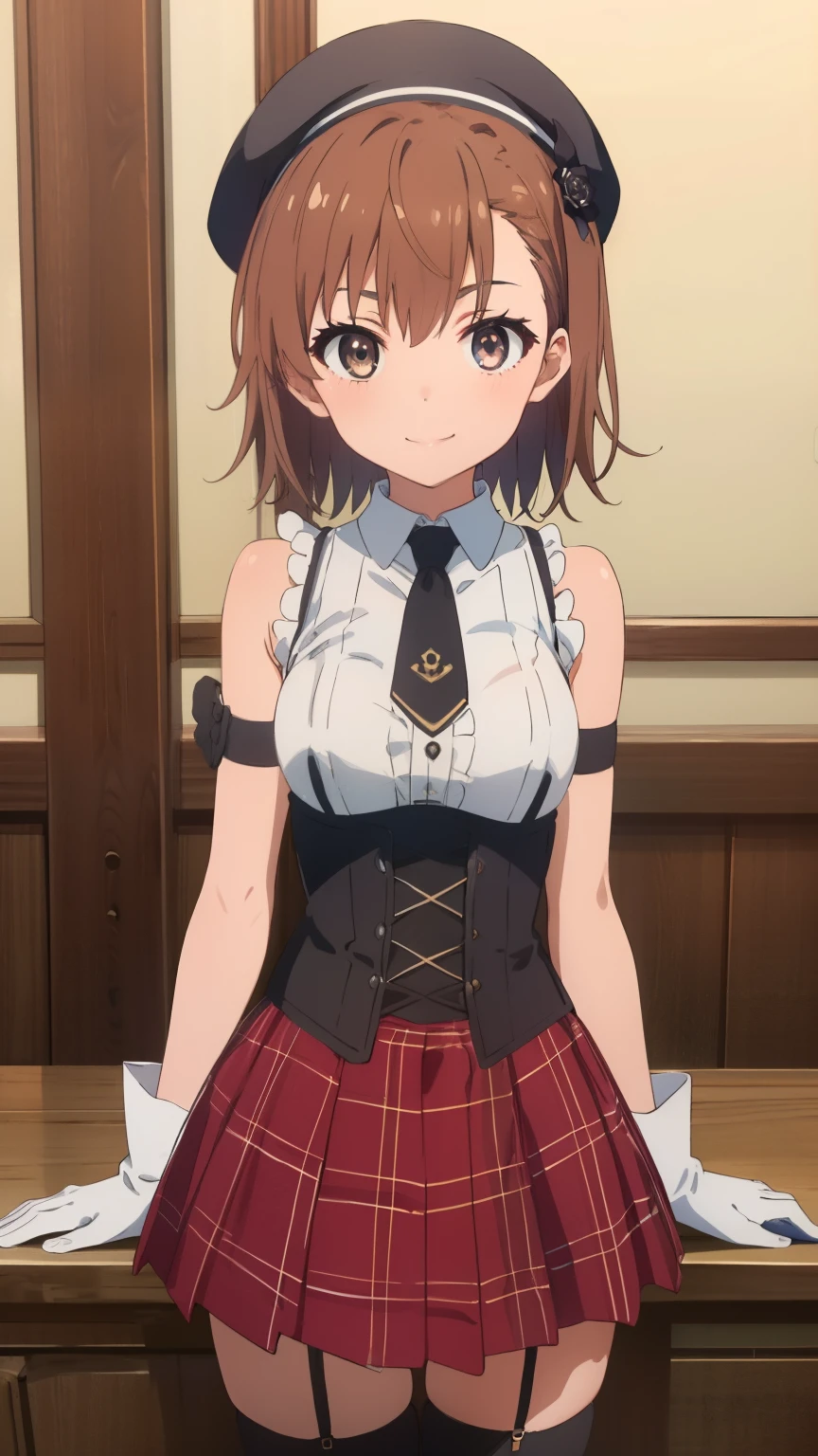 (masterpiece, best quality, 8k:1.2),Very detailed, (anime:1.1), misaka_mikoto, brown hair, medium hair, hairpin, ************, medium breasts, 1girl, (beret, purple headwear, plaid, black necktie, sleeveless dress, corset, arm strap, black gloves, black thighhighs, striped thighhighs, garter straps, smile), Cowboy shot, looking at viewer,