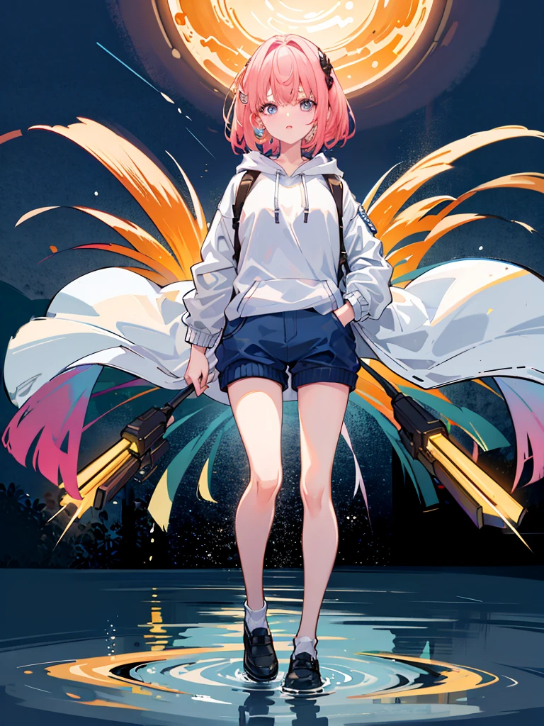 8K resolution、((top-quality))、((masterpiece))、((Ultra-detail))、1 woman、solo、incredibly absurdness、Oversized hoodies、headphones、Street、plein air、Sateen、neons、Shortcut Hair、Brightly colored eyes、Hands in pockets、shortpants、water dripping