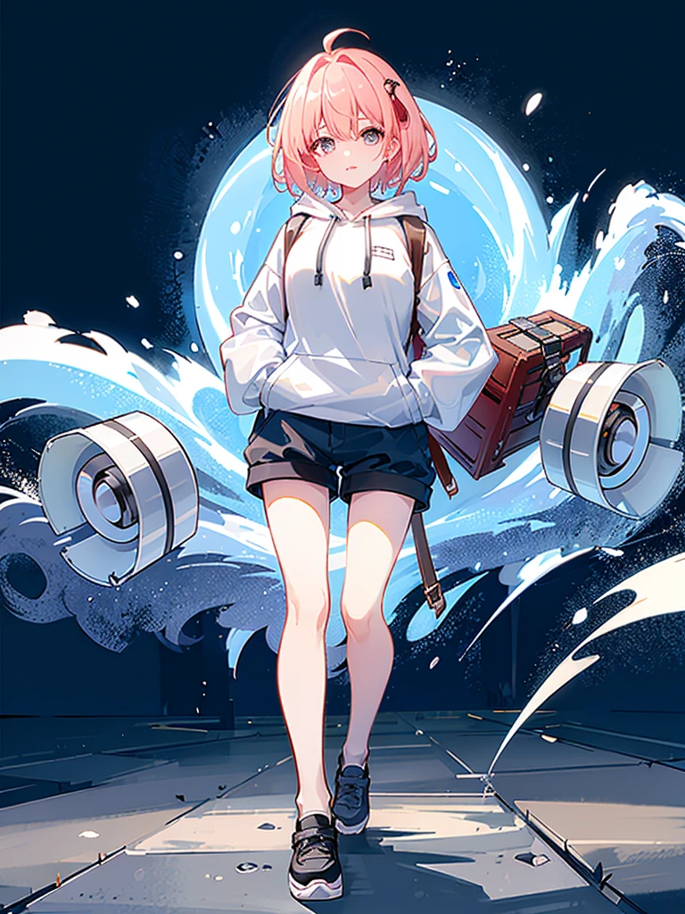 8K resolution、((top-quality))、((​masterpiece))、((Ultra-detail))、1 woman、solo、incredibly absurdness、Oversized hoodies、headphones、Street、plein air、Sateen、neons、Shortcut Hair、Brightly colored eyes、Hands in pockets、shortpants、water dripping