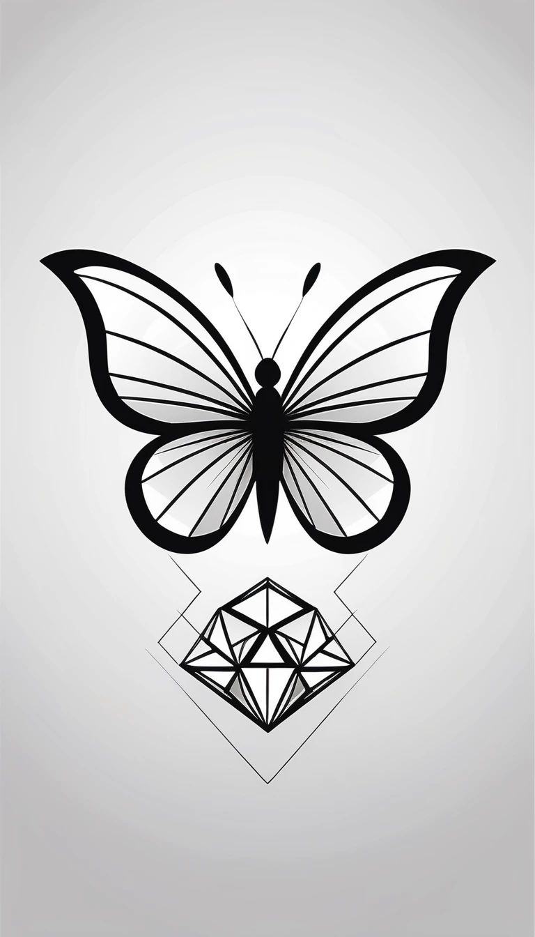 Basic logo black and white of a diamond in form of butterfly, geometric, abstract, modern, like a vector, minimalistc