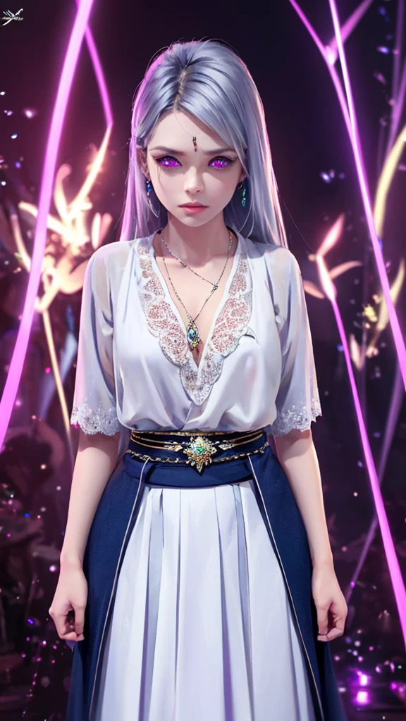 A woman with long, silver hair and glowing violet eyes. Fair skin, wearing a dark blue hakama skirt, white blouse, and red ribbon. Accessorized with intricate, mystical jewelry. Calm and composed demeanor, hint of magic and technology integration