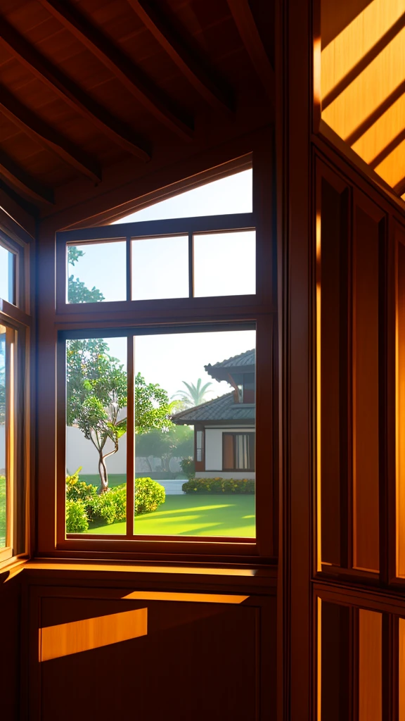 Outside view of a single window of the bungalo (villa), light time of the day, midday, 4K quality, high-quality tinted window, one window, single window