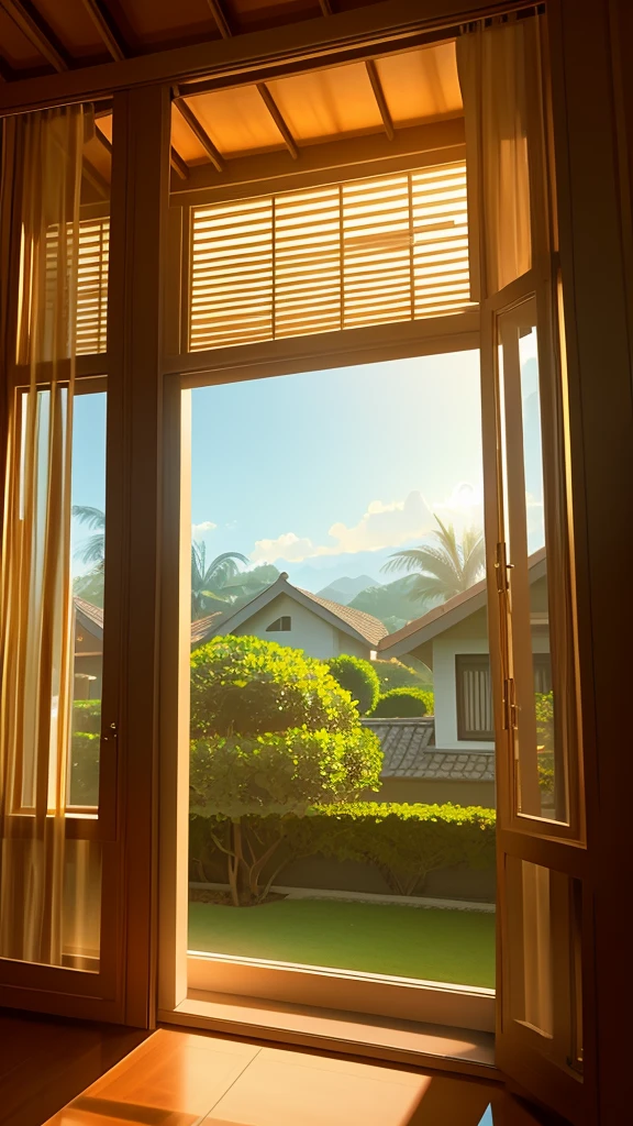 Outside view of a single window of the bungalo (villa), light time of the day, midday, 4K quality, high-quality tinted window, one window, single window