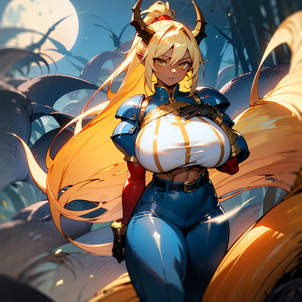 8k_wallpaper, extremely detailed eyes, extremely detailed body, 1girl,((perfect anatomy huge chest)), (intricate details:1.3), (ultra-detailed:1.3), (sharp focus:1.3), (natural lighting:1.05), (vivid colors:1.3), (best quality:1.4), high quality, expressive eyes, full body, tall girl, detailed face, beautiful face, perfect face, detailed (blonde hair), (gold eyes), ((big red horns)), {{dark skin}}, ({dark skinned female}), gigantic breasts, thick thighs, translucent blue veins on the body, strong abdominal muscles, strong leg muscles, strong arm muscles, ponytail hairstyle, wearing a blue coat with rolled up sleeves, steel belly heavy armor warrior, leather pants, leather steel gloves, wide a leather belt with gold yarn, female dragonite, female dryad, female octopus, tentacles, night under the light of the moon in a dense dark forest,