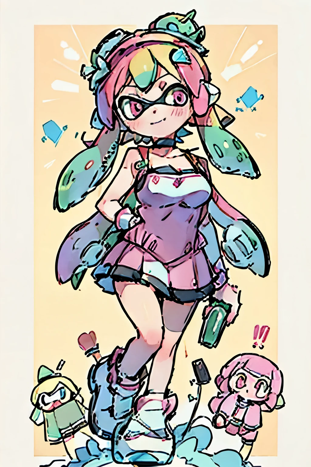 masterpiece, Hand-drawn, Pop illustrations, Pop colors, pastel colour, colorful,  ((Two Splatoon Girls)), high school girl, Golden Eyes、Crimson Eyes、gigantic breast、Cleavage、after school,Eat while walking, smile、blush、Triple Scoop Ice Cream , Ice Cream Tower, Sounds like fun,Highest quality、High resolution、