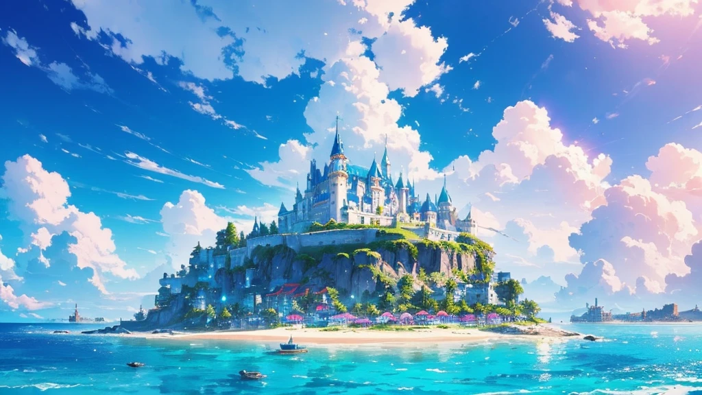Majestic island with castle, floating on the beautiful blue sea, kingdom of white buildings, , hovering above the fluffy clouds, (shot from below:1.4), basking in the warm rays of the sun, emitting bright colors, masterpiece, big kingdom, Port city
