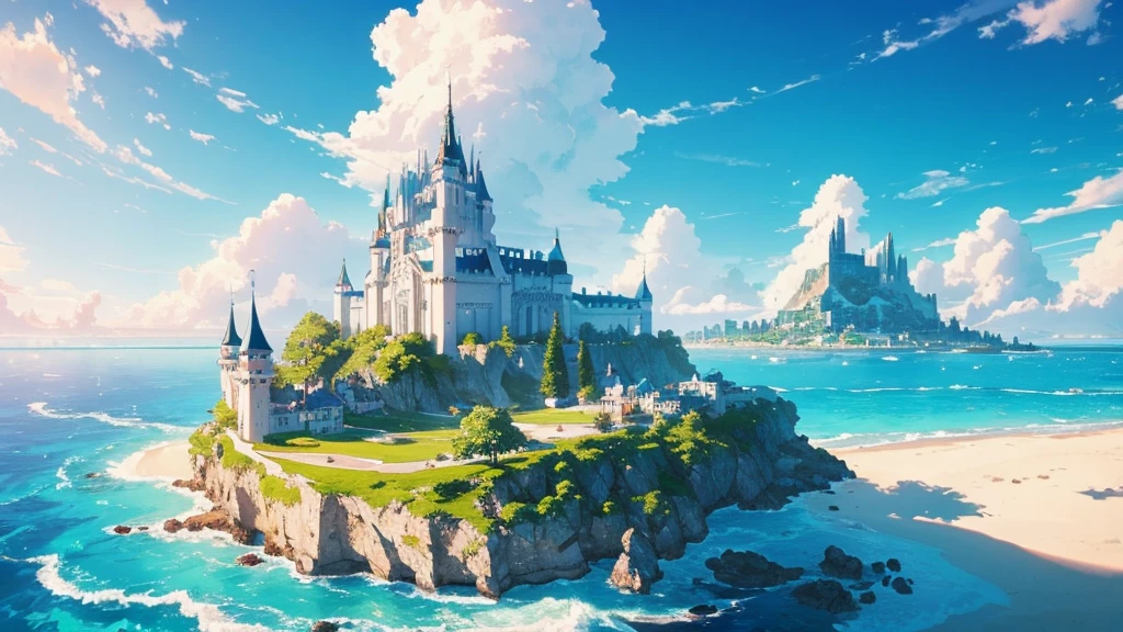 Majestic island with castle, floating on the beautiful blue sea, kingdom of white buildings, , hovering above the fluffy clouds, (shot from below:1.4), basking in the warm rays of the sun, emitting bright colors, masterpiece, big kingdom, Port city