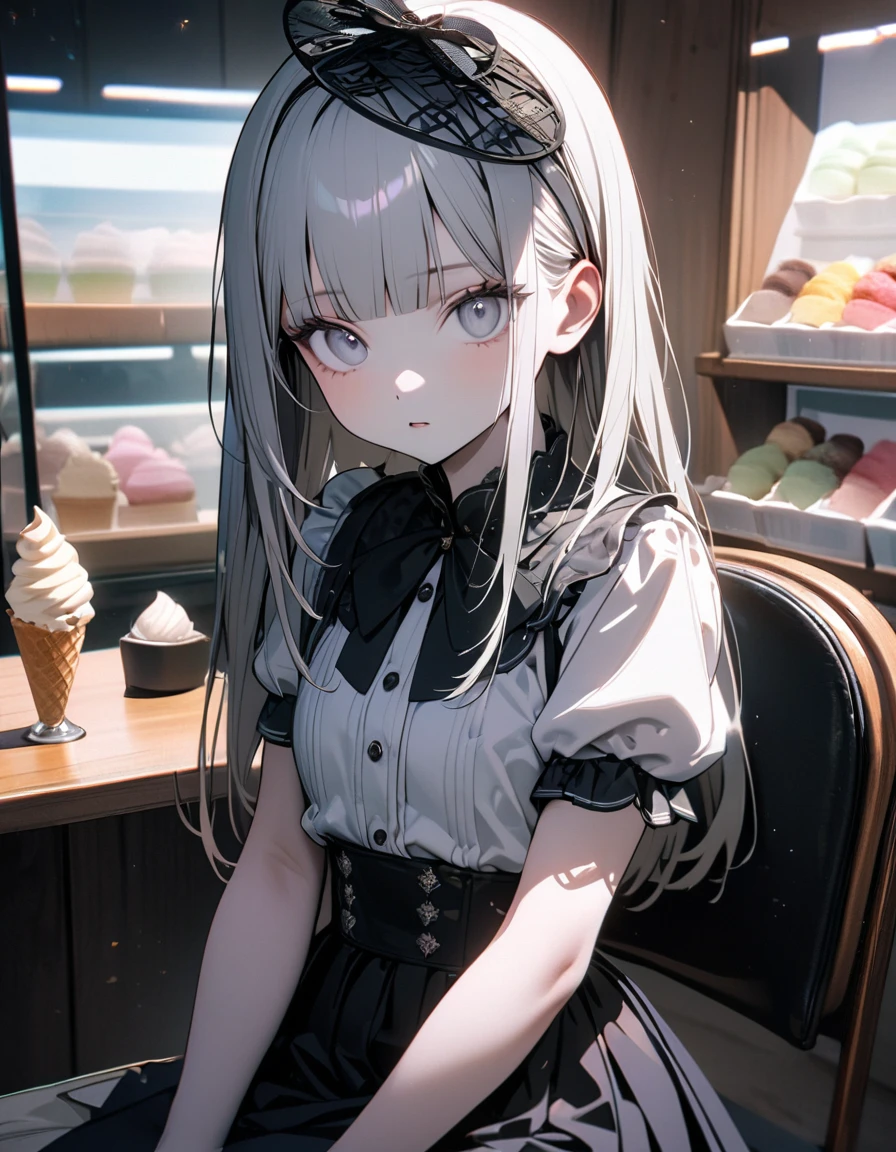 (8K, best quality, master piece: 1.2),super high resolution,1 girl,solo,yo,ultra-detailed face,detailed eyes,silver eyes,blunt bangs,silver hair,Straight hair,Long hair,pale skin,white short sleeve petal collar blouse,black tiered skirt,(black Fascinator),expressionless,lash extension,parted lips,rim light,(holding a Rainbow soft serve ice cream),Looking at viewer,sitting on chair,indoors soft serve ice cream shop