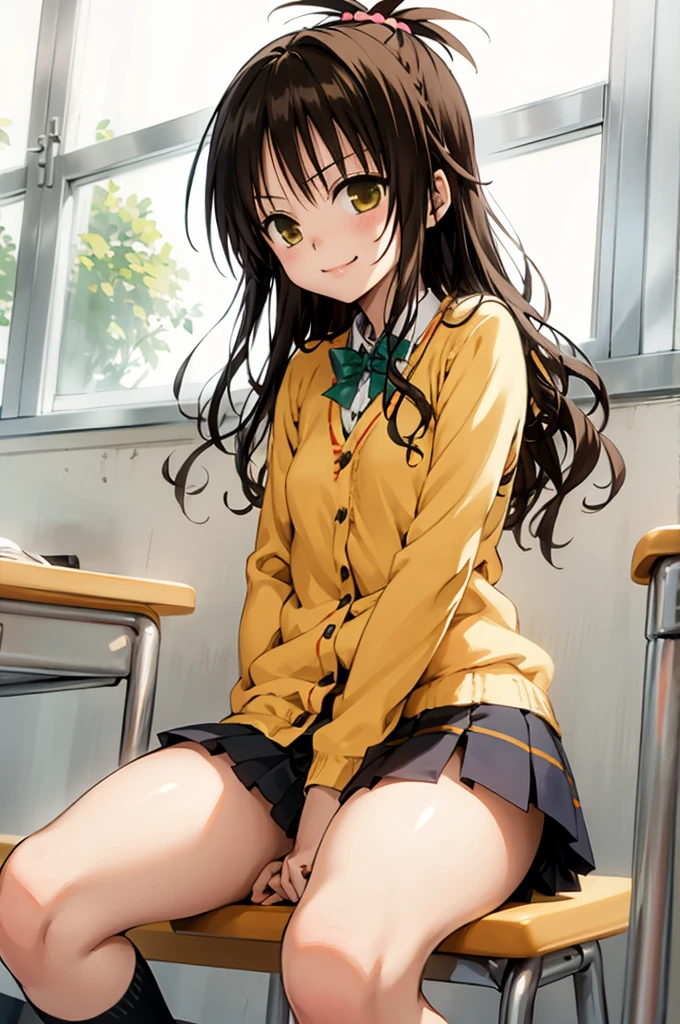 1girl,solo,yuuki mikan,, smile,brown hair,, 1girl,classroom,,angry,cardigans,miniskirt,socks,sitting