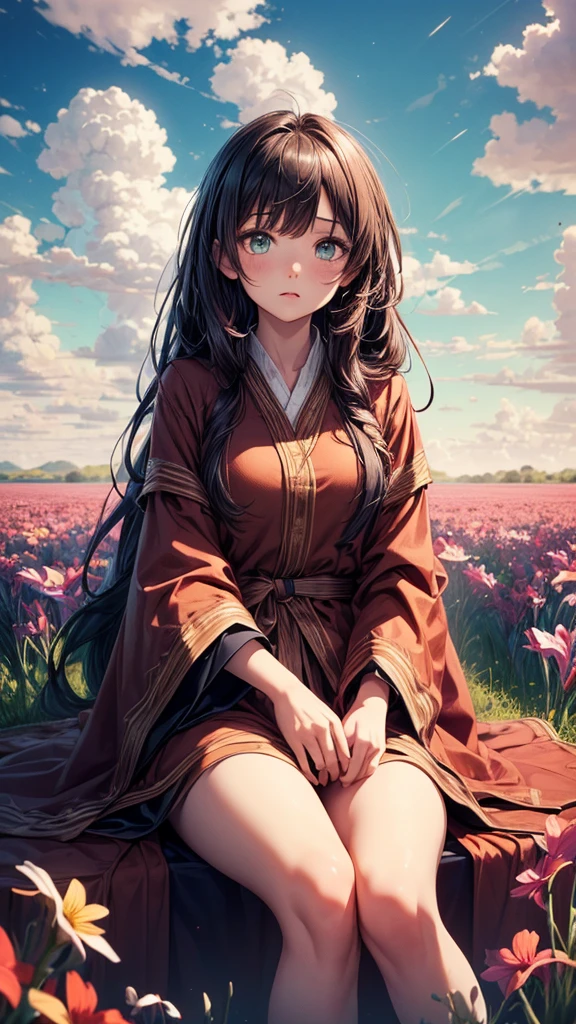 (Highest quality, masterpiece), Turquoise Screen Filter, (One girl, alone, Brown robes, expression, look up, Sitting, Wide sleeves, Iris, Long Hair, Cowboy Shot), (sunny, Cosmos field, cloud),