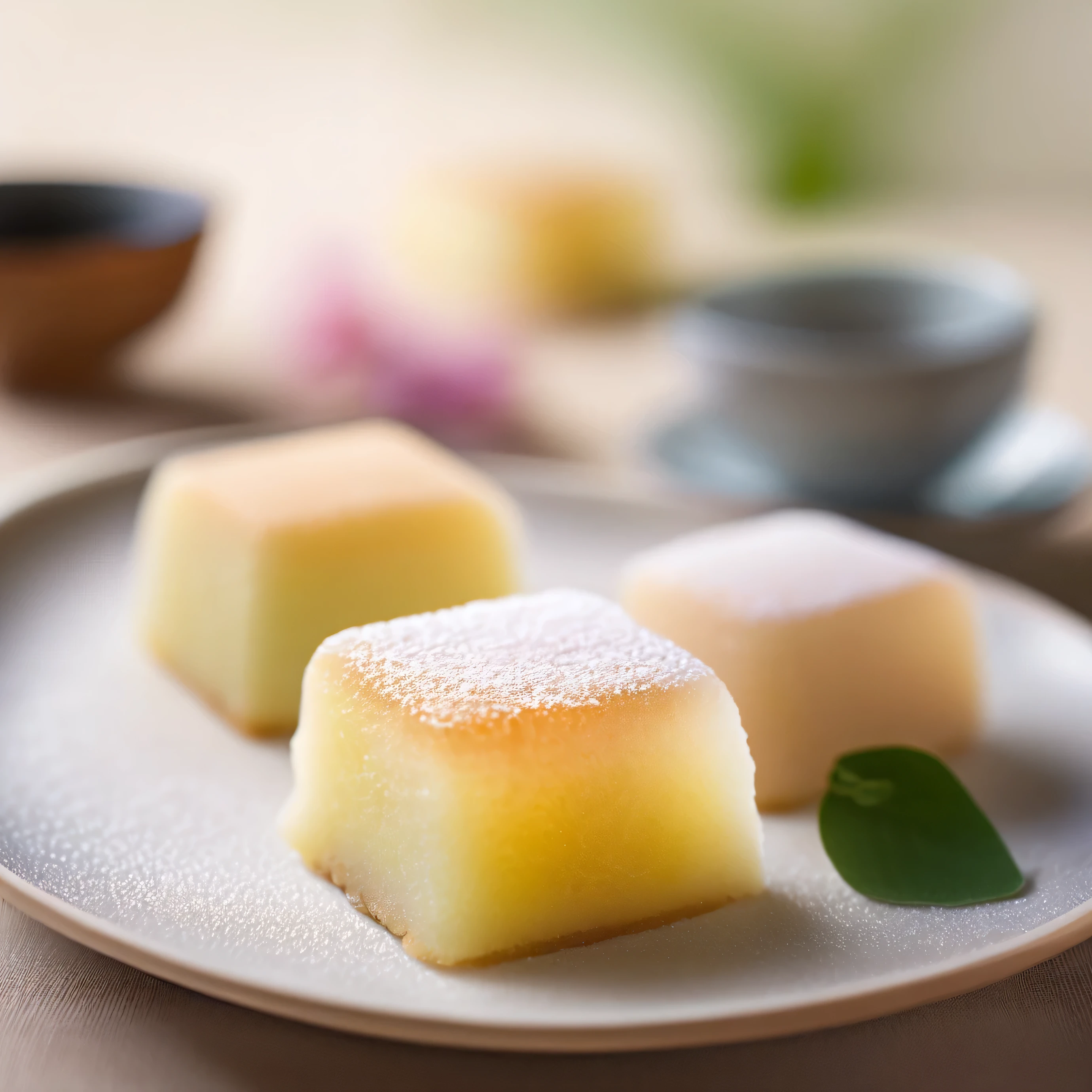 mochi cake, japanese sweets, traditional japanese food, closeup shot, food photography, soft focus, shallow depth of field, delicate texture, pastel colors, natural lighting, minimalist composition, high quality, detailed, photorealistic