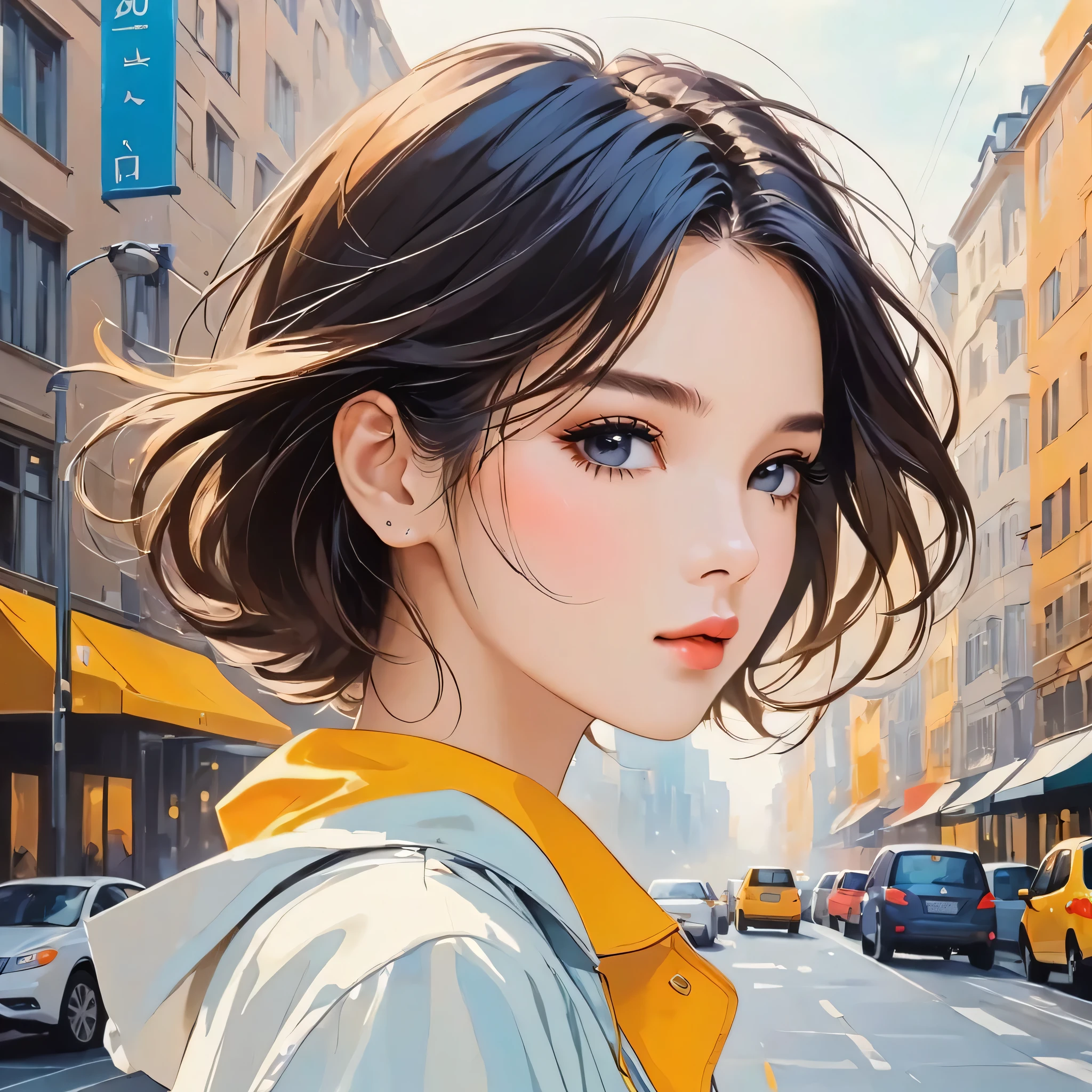 Mika Pikazo style, Simple Line Initialism，Abstract art，Urban Background, (((The most beautiful girl of all time))), Sweet face.