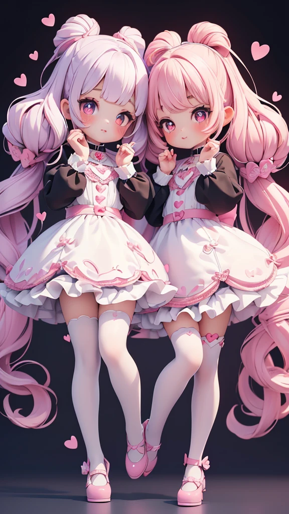 ((petite bishojo, little 2girls)), ((cute face)), ((heart shaped pupils)), ((masterpiece)), ((best quality)), ((ultra detailed)), ((exquisite)), ((depth)), ((crisp)), ((16k)), ((beautiful and aesthetic)), ((super detailed skin)), ((high standard)), ((highres)), ((perfect anatomy)), (full body), (blush), (lipstick), (dolly, chin up), ((kawaii pose)), (white, blue, black)