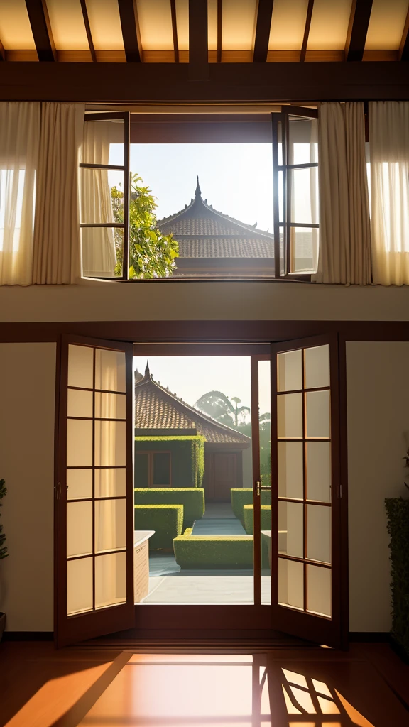 Outside view on a single window of the bungalo (villa), ((view from the outside)), light time of the day, midday, 4K quality, high-quality tinted window, one window, single window
