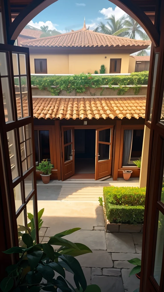 Outside view on a single window of the bungalo (villa), ((view from the outside)), light time of the day, midday, 4K quality, high-quality tinted window, one window, single window
