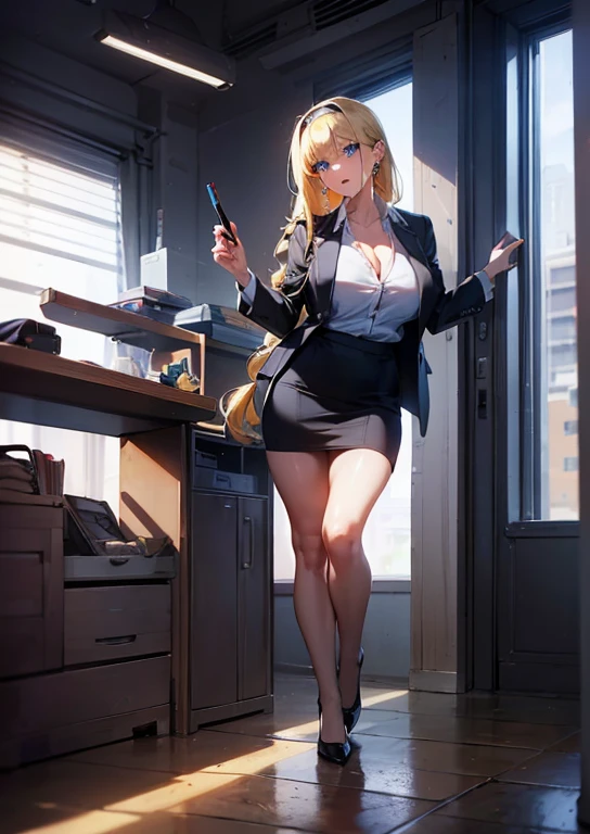  (((Full and soft breasts,)))(((Huge breasts))) (((Cleavage))) (Perfect curvy figure),1 Girl, Alice Zuberg, Bangs, blue eyes, Blonde hair, Hair between the eyes, Very long hair, Weaving, Headband, white Headband,
rest (business Set, dress shirt, earrings, formal, High heel, jacket, miniskirt, Office female staff, Open collar, pencil skirt, shirt, skirt, Set:1.2)
rest (masterpiece:1.2), best quality, high resolution, Unity 8K wallpaper, (illustration:0.8), (Beautiful and delicate eyes:1.6), Extremely detailed face, Perfect lighting, Extremely detailed CG, (Perfect hands, Perfect anatomical structure),
