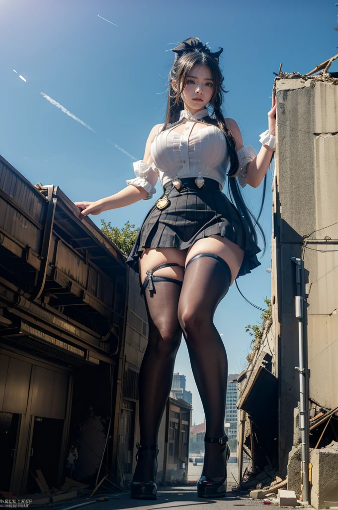 Chest、Sweat it out、Sweat makes clothes transparent、The building collapses、Urban hustle and bustle、Traffic jam、City of Rubble、street tree、((((Azur Lane Cheshire Cosplay))))、Frilled maid outfit、Super huge breasts、Plump thighs、Ground View，City of Giants,500 foot tall giant girl，skyscraper,Has super long legs,Step into the crowd，There are many people on the street,Knee-high socks，She has waist-length black hair，Wear Mary Jane heels，A happy look，Standing on the ruins，Beautiful appearance，Exquisite makeup，quality，8K，高quality，Perfect Proportions, Cinema Lighting，Film Grain，The Colors of Fuji，8K，Textured skin，Super Detail，High detail，high quality，High resolution，explode，False Smile,Show your pants