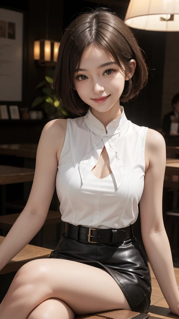 (precise face features), (Highly detailed face), (High density photo quality) , Japanese Beauty, expensive, Long legs, smile, Very short tight leather mini skirt with belt, sleeveless white blouse, Bright coffee shop interior with elaborate lighting,smile,short hair,Crossing your legs