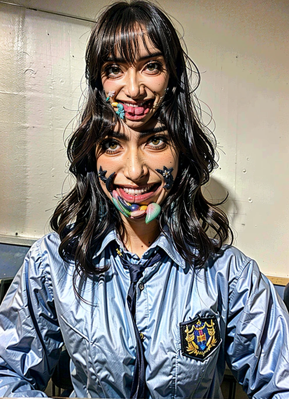 (RAW photo:1.2), ((photorealistic:1.4),(masterpiece:1.3),(best quality:1.4),ultra high res,(detailed facial features),(detailed clothes features),HDR,8k resolution, 1girl, school girl, in the classroom, blush, smile