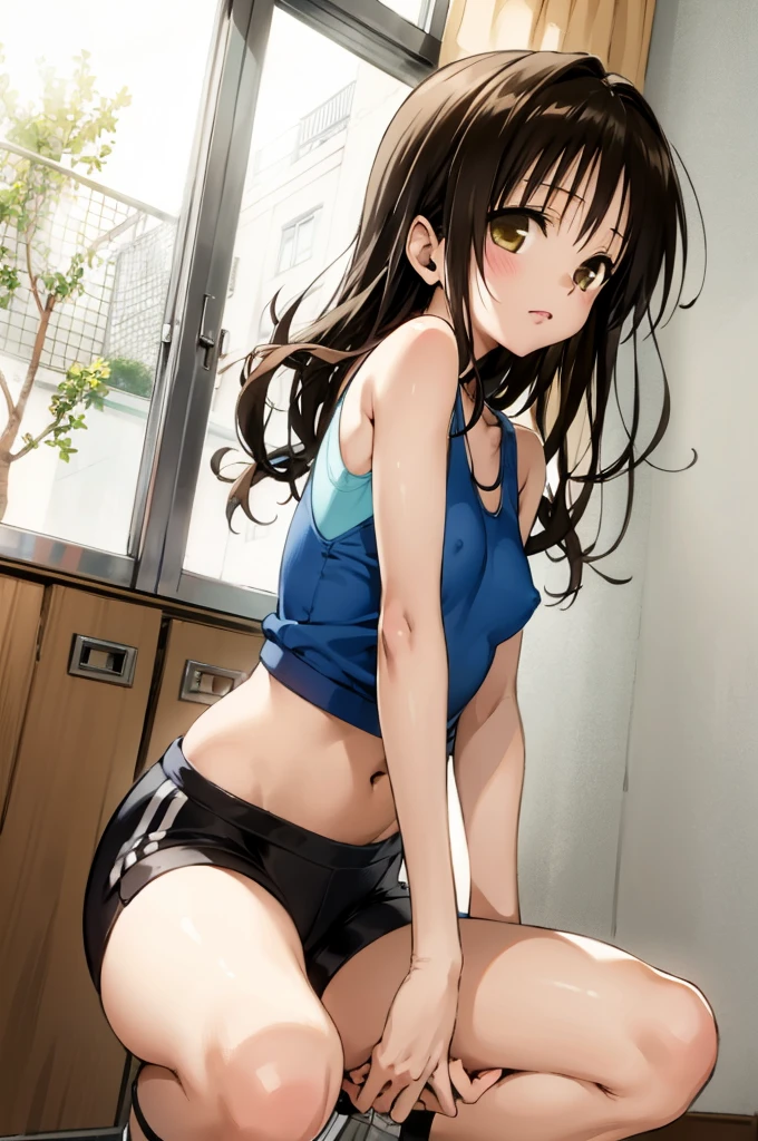 1girl,solo,yuuki mikan,, ,brown hair,, (best quality:1.3),1girl,indoor,,,,,small breasts,sports bra,bike shorts,,squatting,open legs