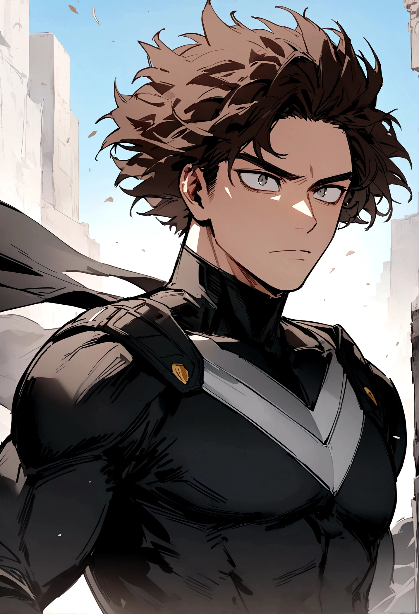 Boko no hero academia comics panel of a male. he has dark brown hair, and gray eyes. he is a hero, he is wearing a black hero costume