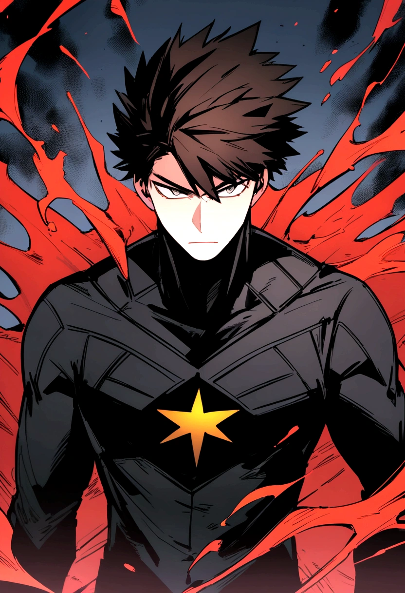 Boko no hero academia comics panel of a male. he has dark brown hair, and gray eyes. he is a hero, he is wearing a black hero costume
