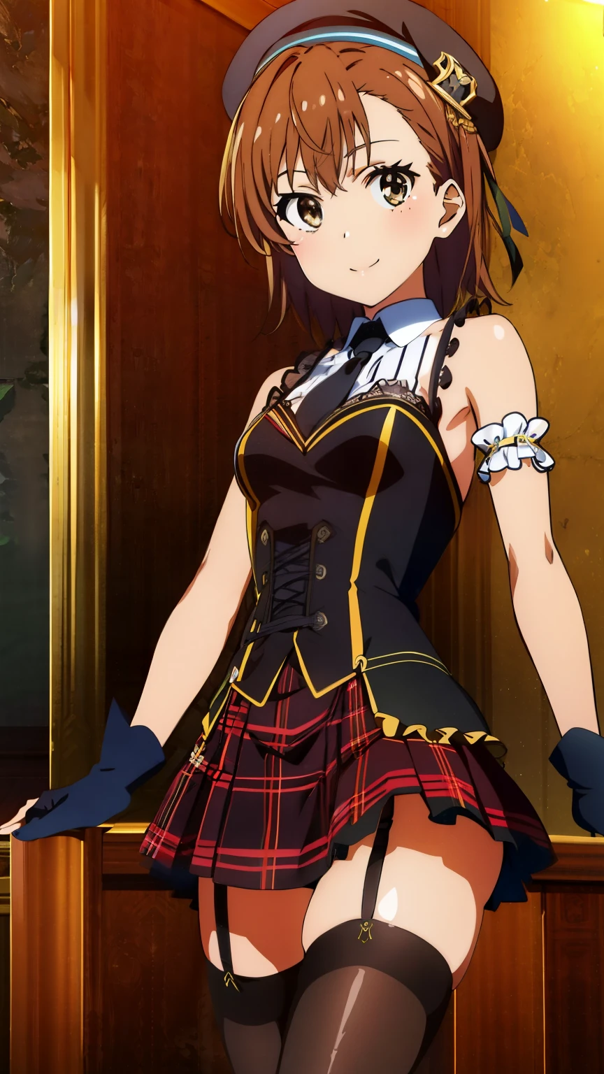 (masterpiece, best quality, 8k:1.2),Very detailed, (anime:1.1), misaka_mikoto, brown hair, medium hair, hairpin, ************, medium breasts, 1girl, (beret, purple headwear, plaid, black necktie, sleeveless dress, corset, arm strap, black gloves, black thighhighs, striped thighhighs, garter straps, smile), Cowboy shot, looking at viewer,