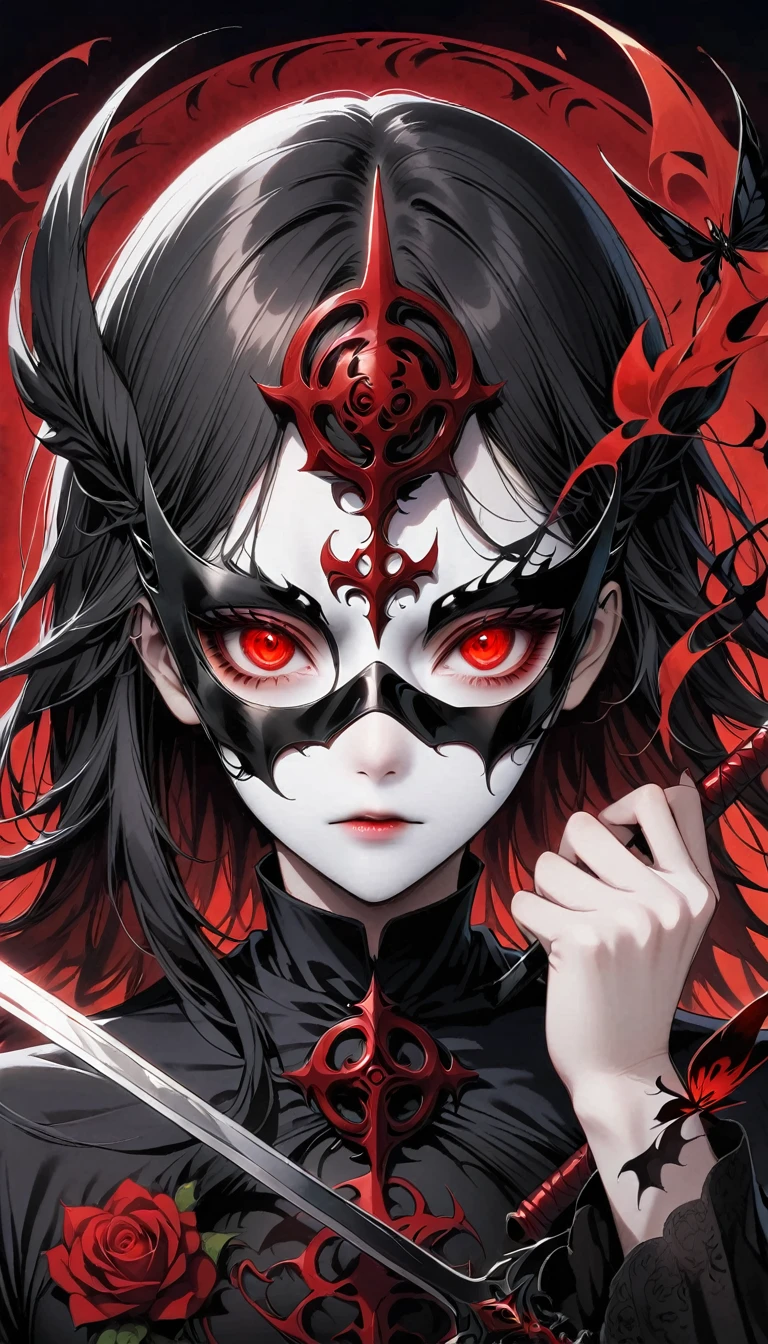 Blurred outline of existence, bright white eyes, Red background, All Black Spikes头发, Blurred outline of existence, Fully white glowing eyes, Red background, All Black Spikes,Red rose,Fire butterflys