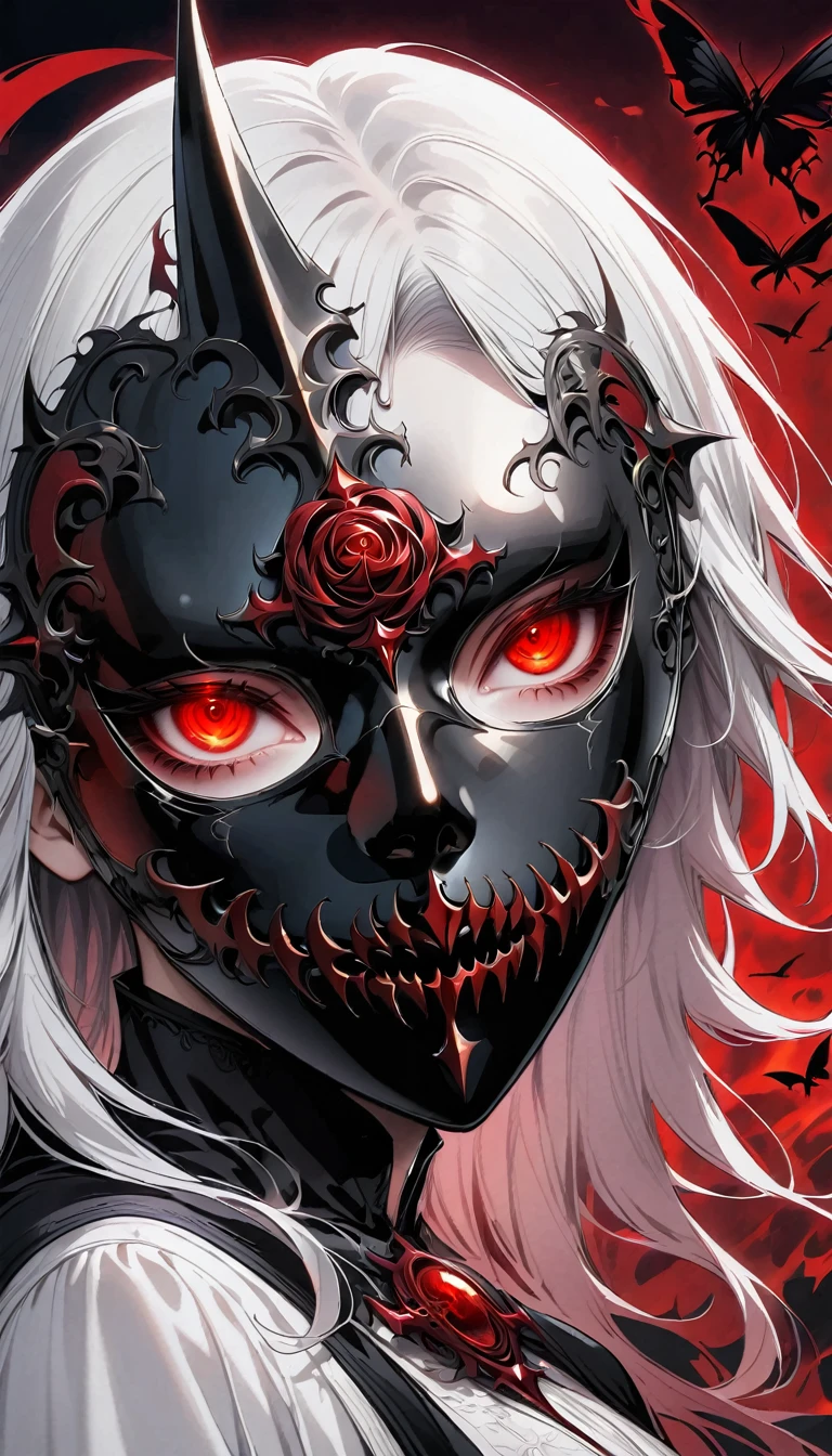 Blurred outline of existence, bright white eyes, Red background, All Black Spikes头发, Blurred outline of existence, Fully white glowing eyes, Red background, All Black Spikes,Red rose,Fire butterflys