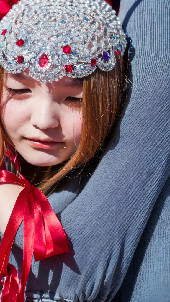 A woman with long, silver hair and glowing violet eyes. Fair skin, wearing a dark blue hakama skirt, white blouse, and red ribbon. Accessorized with intricate, mystical jewelry. Calm and composed demeanor, hint of magic and technology integration