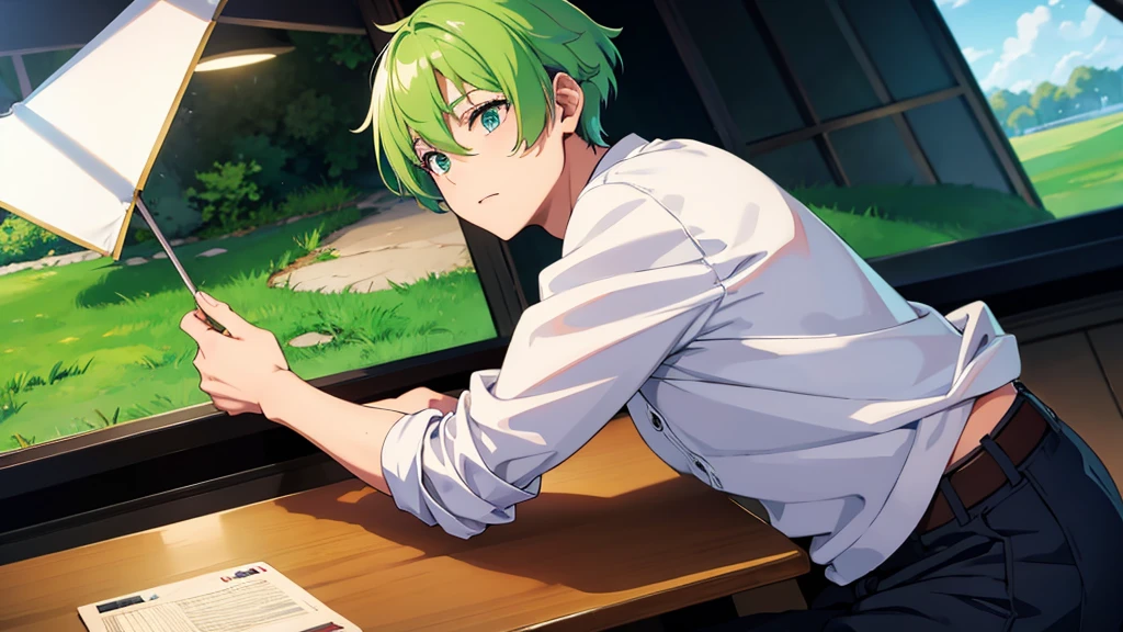 boy green hair gamming bg white