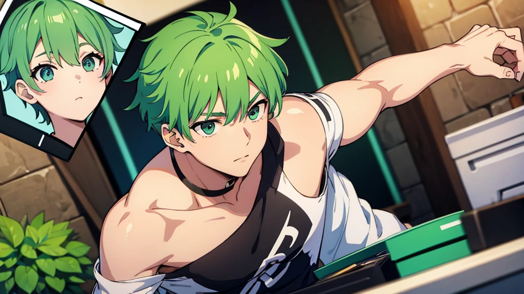 boy green hair gamming bg white