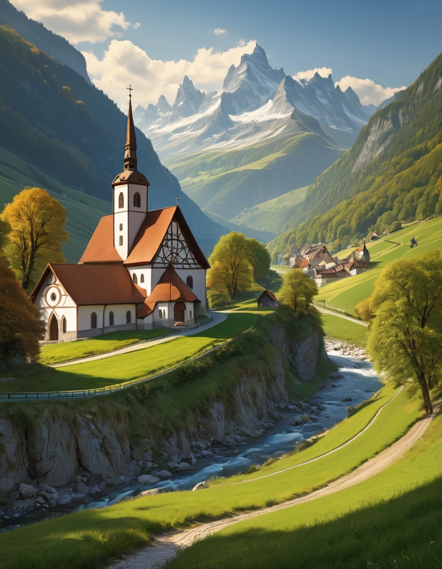 A church nestled in a valley with a river meandering through, reminiscent of Franz Hegi's style, in 8k high-quality detail. The scenery is enriched by the intricate beauty akin to Armin Baumgarten's work, complemented by the picturesque elegance of Adrian Zingg's approach. The composition also draws inspiration from Bussiere, Rutkowski, Andreas Rocha, Adolf Born, Karl Stauffer-Bern, and Aleksander Gine, culminating in a truly stunning landscape.