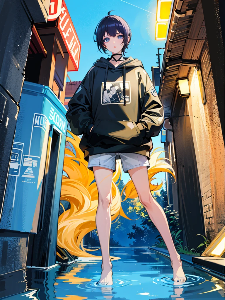 8K resolution、((top-quality))、((​masterpiece))、((Ultra-detail))、1 woman、solo、incredibly absurdness、Oversized hoodies、headphones、Street、plein air、Sateen、neons、Shortcut Hair、Brightly colored eyes、Hands in pockets、shortpants、water dripping