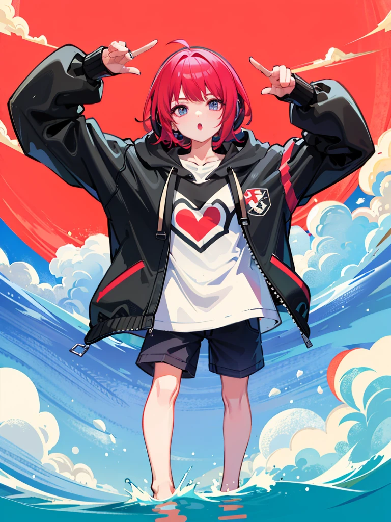 8K resolution、((top-quality))、((​masterpiece))、((Ultra-detail))、1 woman、solo、incredibly absurdness、Oversized hoodies、headphones、Street、plein air、Sateen、neons、Shortcut Hair、Brightly colored eyes、Hands in pockets、shortpants、water dripping