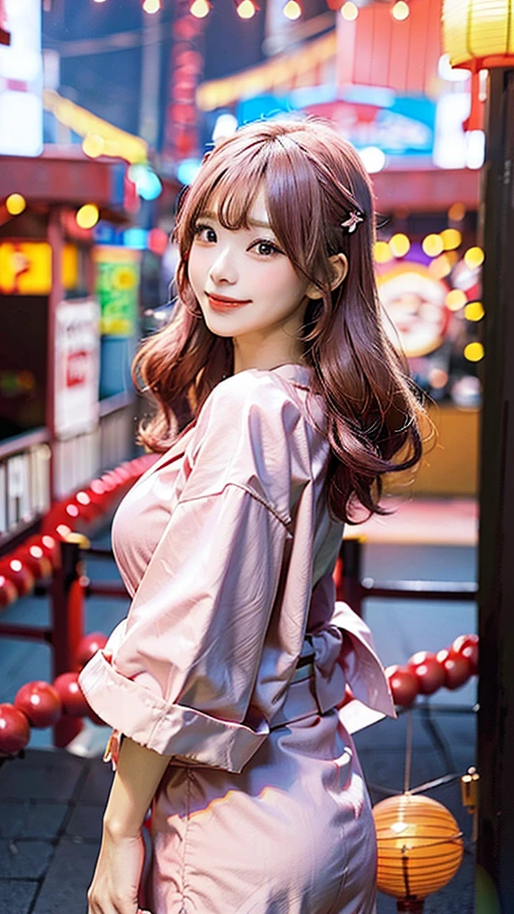 An anime-style illustration of a beautiful woman with long pink hair and E-cup breasts, wearing a traditional yukata, standing at a festival entrance at night. She is smiling and waving, surrounded by festival lanterns and decorations.