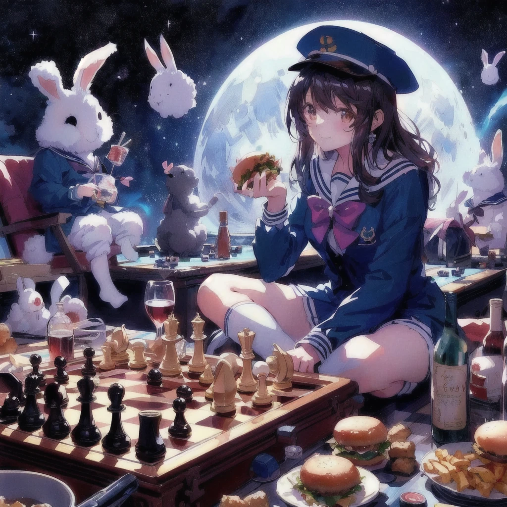 Anime girl with burger and rabbit on the moon, smile,Earth in the sky,chess,wine,Anime Food, 80s anime art style, Anime Wallpaper,, Kantai Collection Style, Official artwork, Anime-style illustrations, Anime Cover, High quality anime art style, Trending Anime Art, 80s anime style