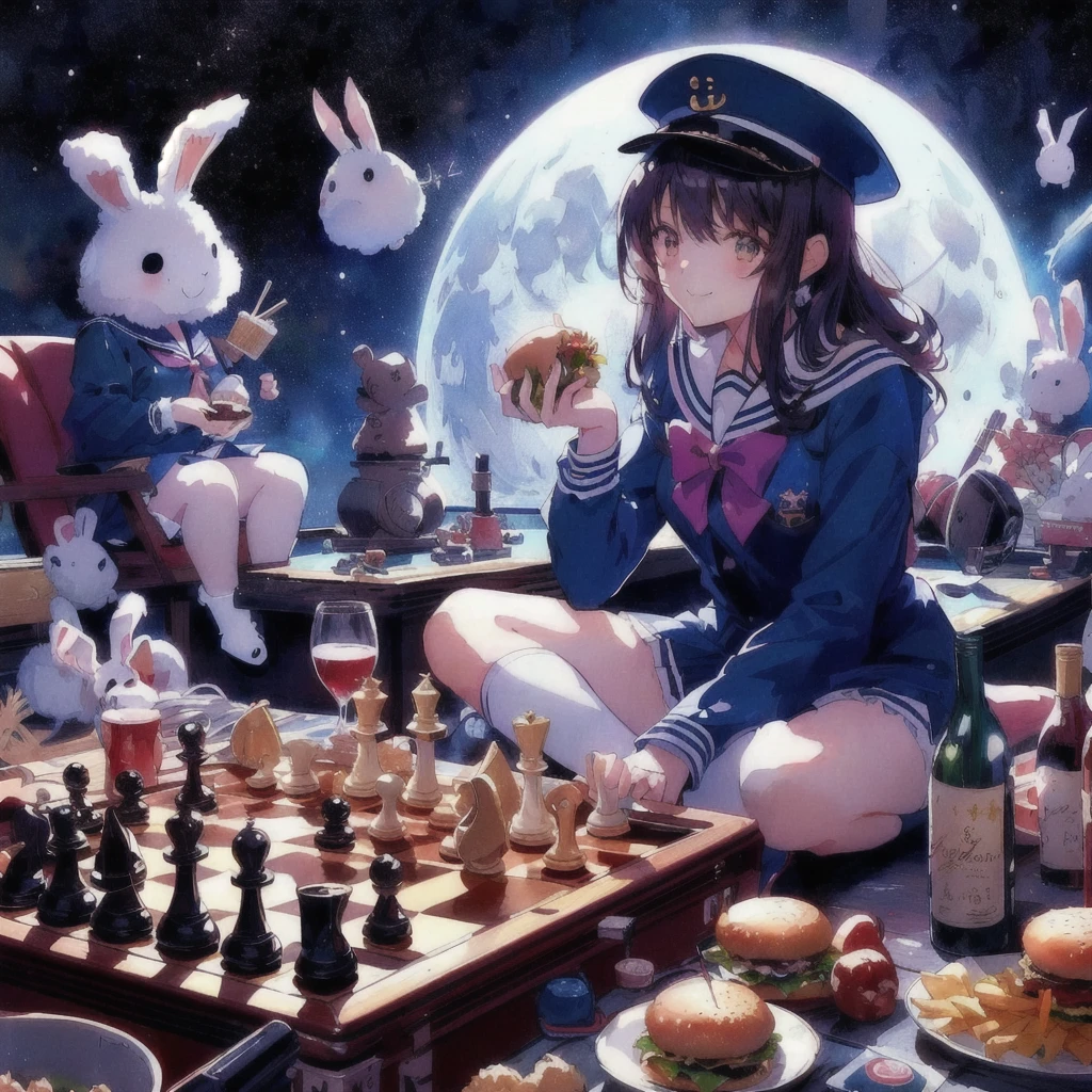 Anime girl with burger and rabbit on the moon, smile,Earth in the sky,chess,wine,Anime Food, 80s anime art style, Anime Wallpaper,, Kantai Collection Style, Official artwork, Anime-style illustrations, Anime Cover, High quality anime art style, Trending Anime Art, 80s anime style