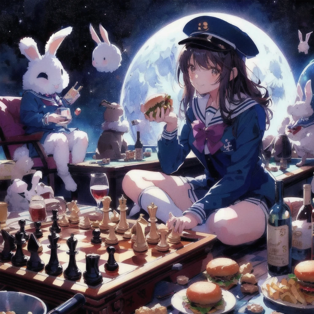 Anime girl with burger and rabbit on the moon, smile,Earth in the sky,chess,wine,Anime Food, 80s anime art style, Anime Wallpaper,, Kantai Collection Style, Official artwork, Anime-style illustrations, Anime Cover, High quality anime art style, Trending Anime Art, 80s anime style