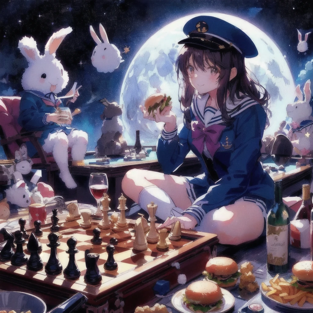 Anime girl with burger and rabbit on the moon, smile,Earth in the sky,chess,wine,Anime Food, 80s anime art style, Anime Wallpaper,, Kantai Collection Style, Official artwork, Anime-style illustrations, Anime Cover, High quality anime art style, Trending Anime Art, 80s anime style
