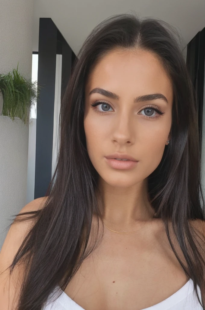 Female model 20 years old, long hair. brunette. Model appearance. Thin, sophisticated. Simple Lunchtime Natural Makeup. Lips are full and seductive. Dark eyes. Upper body part photo. Live Photo. Instagram selfie