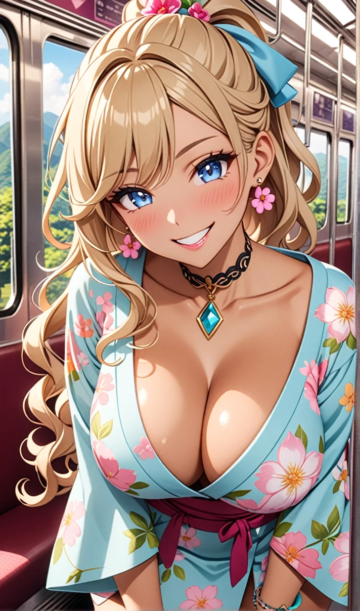 ultra-detailed, ((one girl)), in pastel colors gyaru, (heavy makeup),  (tan skin:1.3)), (tanlines), hyper detailed, absurdres, 8K, Beautiful Face, (Laugh shyly), ((teasing smile:1.8)), ((Wink:1.5)), (Laugh with your mouth wide open),((Tilt your head:1.6)), View your viewers, ((full-face blushed:1.6)),Glossy Red Lips, ((Big Breasts:1.5)), ((show off breast)),  (nipples slip), noon, on the train, (Brighten your face), ((Anime style background)),masterpiece, Highest quality, so beautiful,Latest, Complex details, (Pink long nails), (nail art), (ring),(bracelet), (Floral Choker),AI-generated, Complex,High resolution, Highest quality, super high quality,3D Images、3D Images,One person, (Blonde long hair), (High Ponytail), (wavy hair:1.3), Pastel anime woman posing for a photo, ((Fine grain、blue eyes、glowing eyes:1.4)), (Squint your eyes:1.1),a hyperRealistic , hyperRealistic , Realistic,Long blonde anime woman, Smooth anime CG art, A girl in a gorgeous pastel-colored kimono, ((Pastel colored long sleeve kimono)),(Pink large floral pattern), ((undressing)), Long flower hair ornament,Floral Earrings,Mature Body, tall,Tight waist,((leaning forward:1.5)), ((hugging her chest)), (front view),