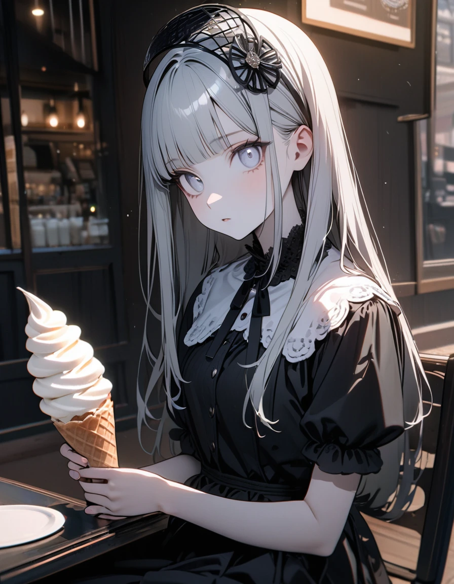 (8K, best quality, master piece: 1.2),super high resolution,1 girl,solo,16yo,ultra-detailed face,detailed eyes,silver eyes,blunt bangs,silver hair,Straight hair,Long hair,pale skin,white short sleeve petal collar blouse,black tiered skirt,(black Fascinator),expressionless,lash extension,parted lips,rim light,(holding a Rainbow soft serve ice cream),Looking at viewer,sitting on chair,indoors soft serve ice cream shop